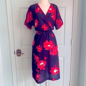 VINTAGE ANNTICS faux wrap dress in navy and red floral pattern woven polyester